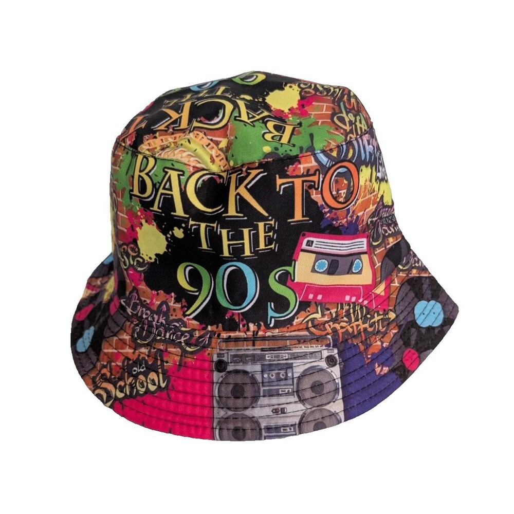 Back To The 90's Bucket Hat Boom Box Colorful Graffiti Breakdance Hip Hop Cap